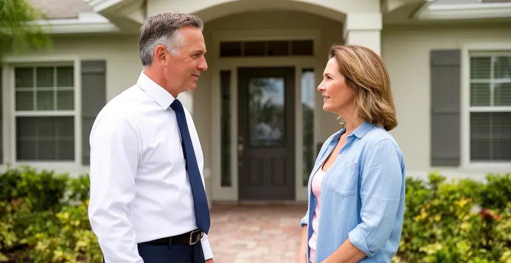 Agent immobilier et acheteur européen discutant devant entrée maison floridienne