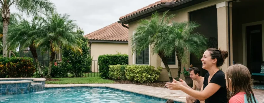 Maison individuelle style floridien avec piscine et palmiers dans quartier résidentiel Orlando