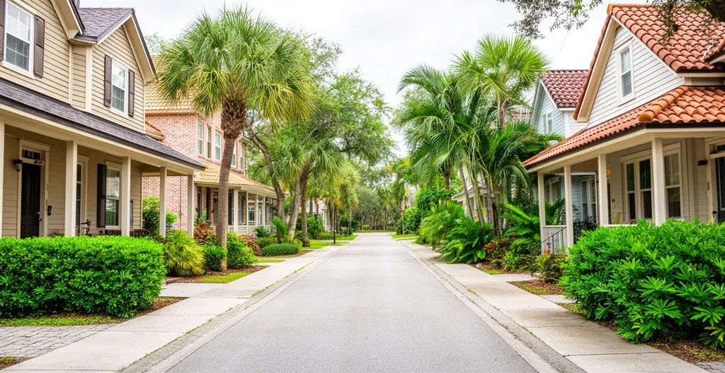 Rue résidentielle typique de Tampa avec maisons individuelles et végétation tropicale