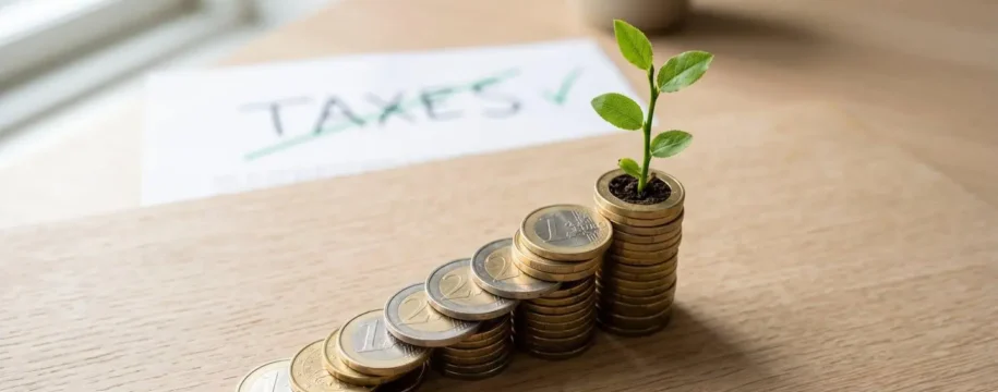 Une jeune pousse verte émergeant d'une pile croissante de pièces d'euros sur une table en bois, symbolisant la croissance de l'épargne retraite et l'optimisation fiscale.