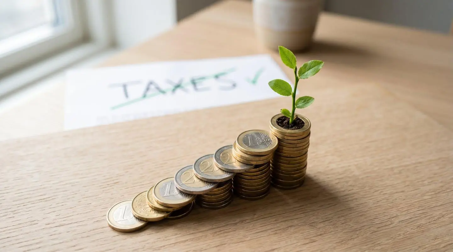 Une jeune pousse verte émergeant d'une pile croissante de pièces d'euros sur une table en bois, symbolisant la croissance de l'épargne retraite et l'optimisation fiscale.