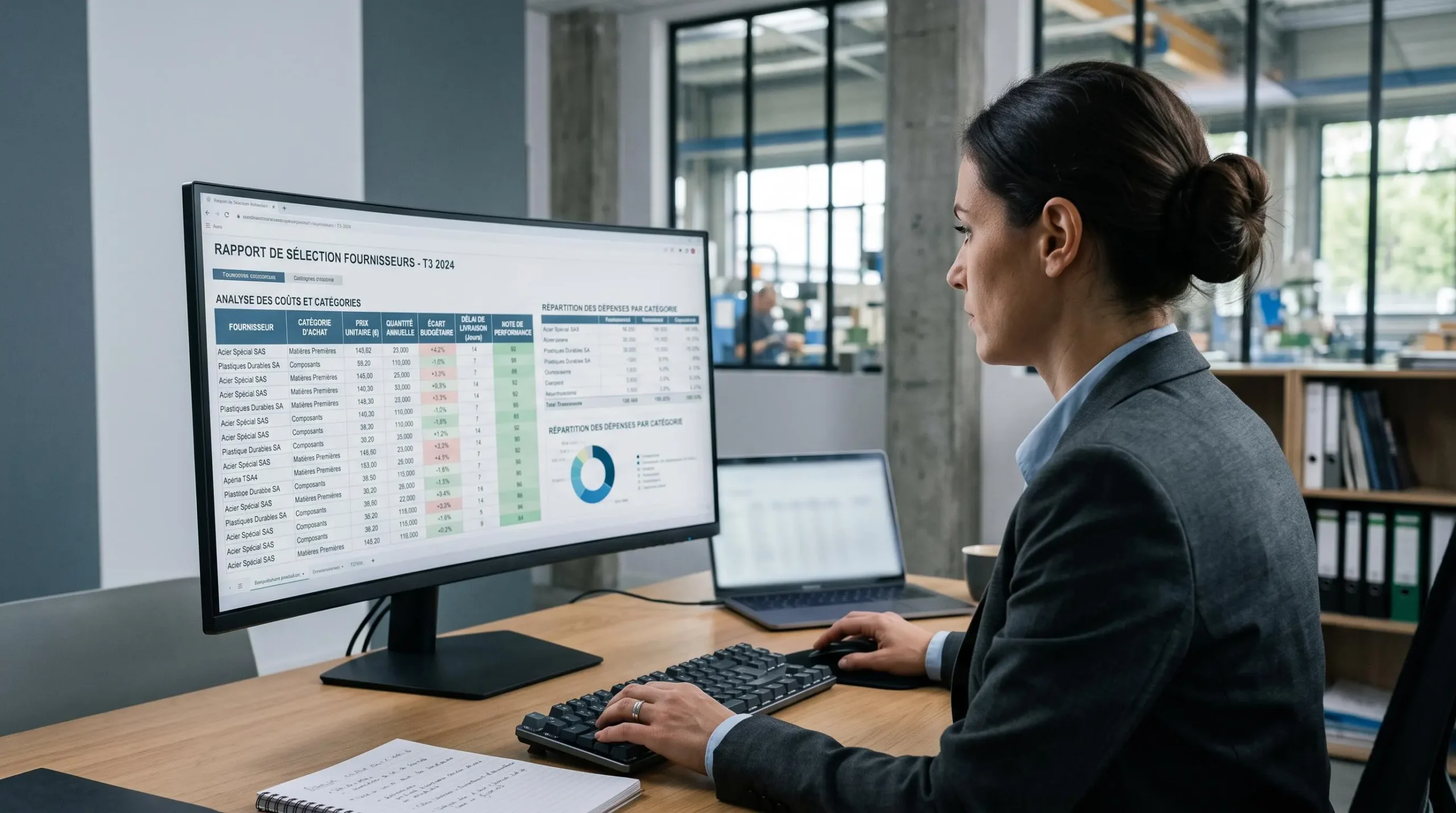Consultant en achats analysant des tableaux de données fournisseurs sur un écran d'ordinateur dans le bureau d'une entreprise industrielle