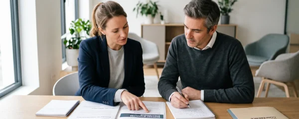 Consultant en gestion d'entreprise et dirigeant de PME analysant ensemble un document stratégique dans un bureau contemporain éclairé par la lumière naturelle