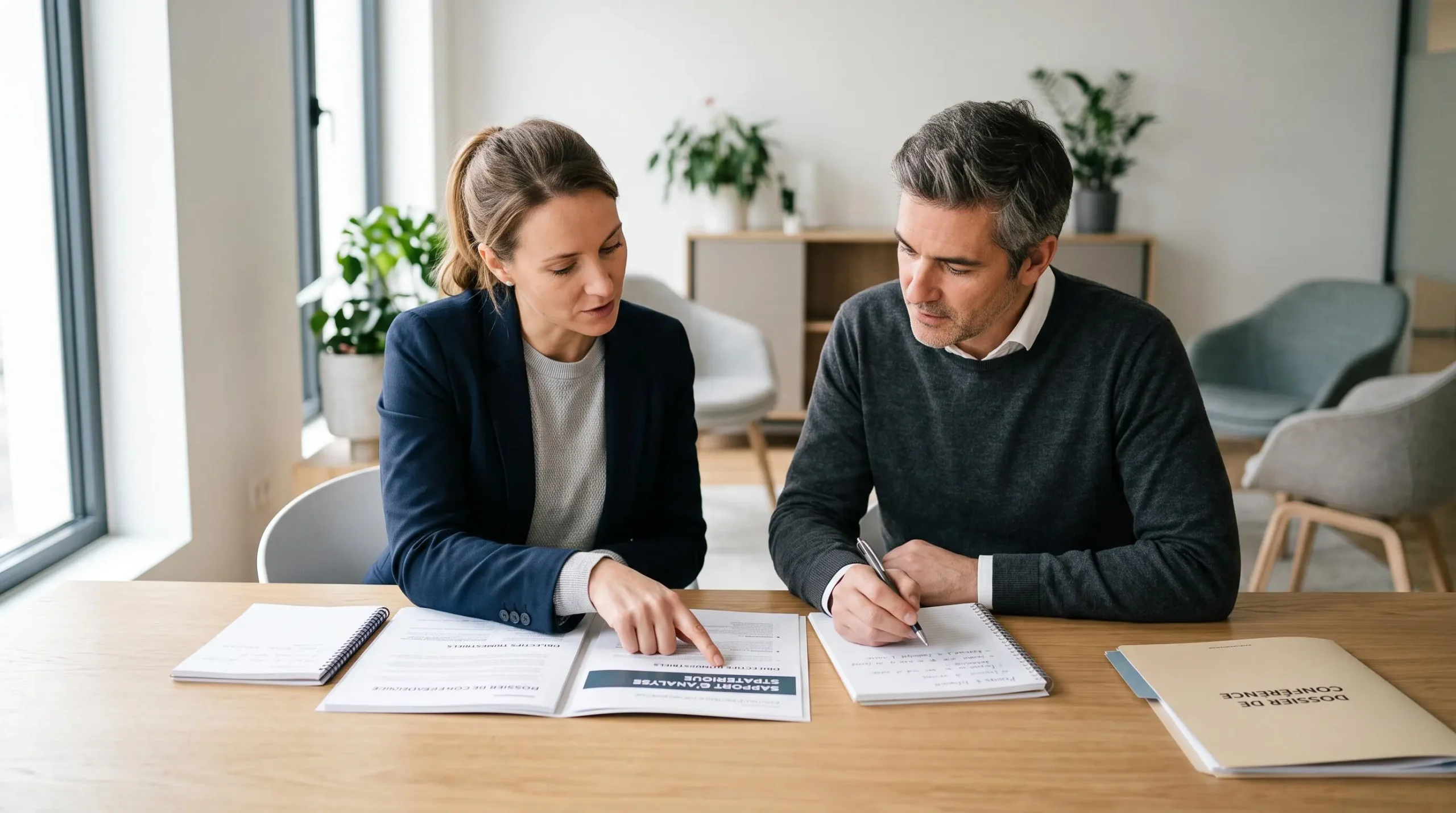 Consultant en gestion d'entreprise et dirigeant de PME analysant ensemble un document stratégique dans un bureau contemporain éclairé par la lumière naturelle