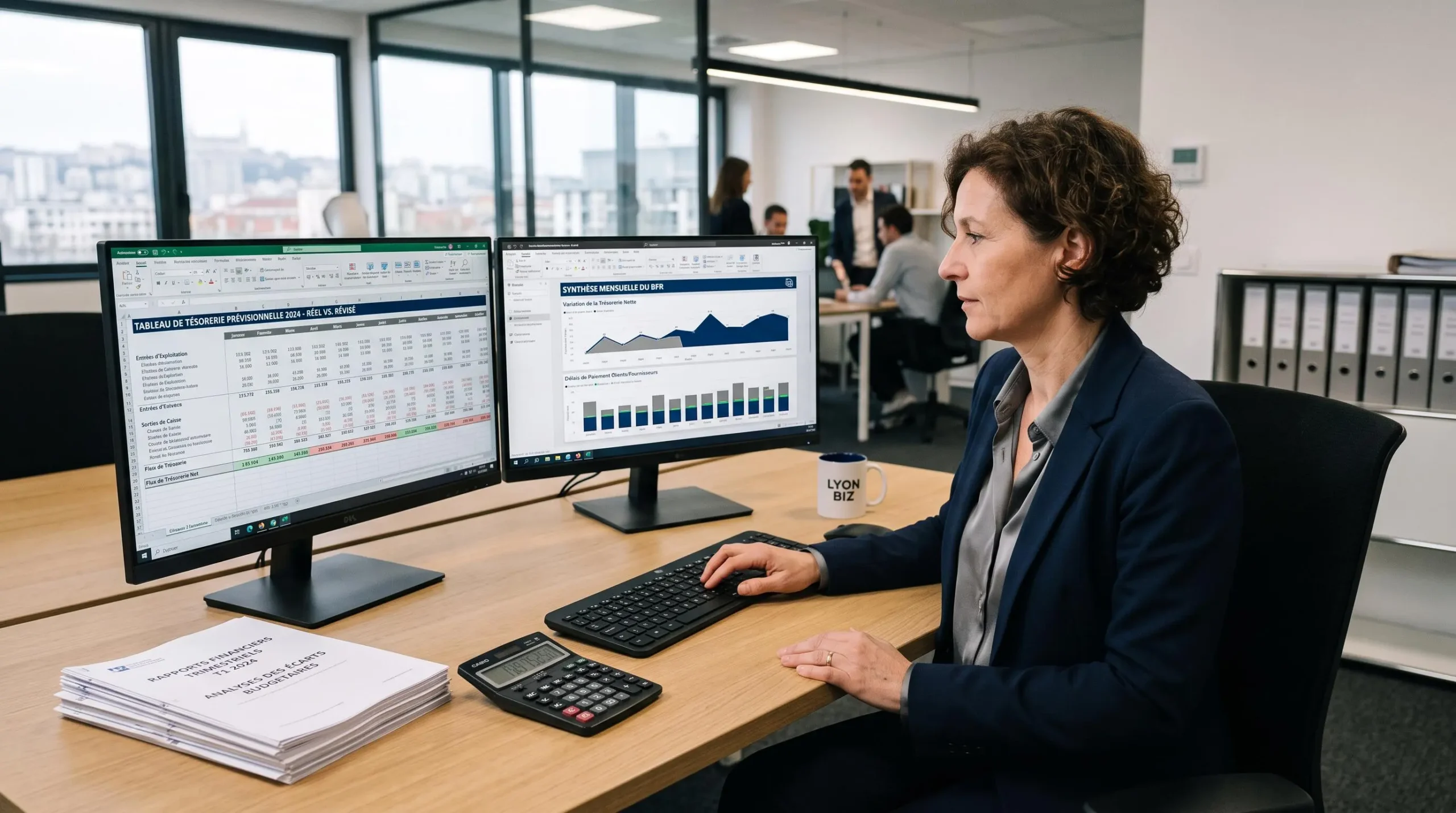 Directeur financier consultant des prévisions de trésorerie sur deux écrans d'ordinateur affichant tableaux et indicateurs financiers