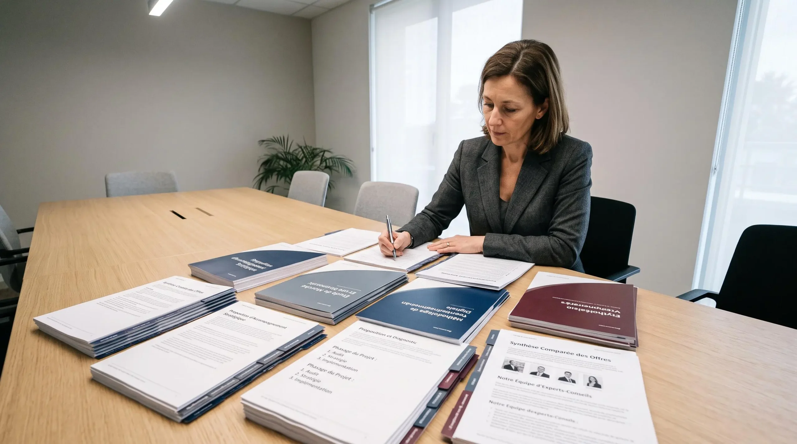 Dirigeant d'entreprise évaluant et comparant différentes propositions de cabinets de conseil étalées sur une table de réunion